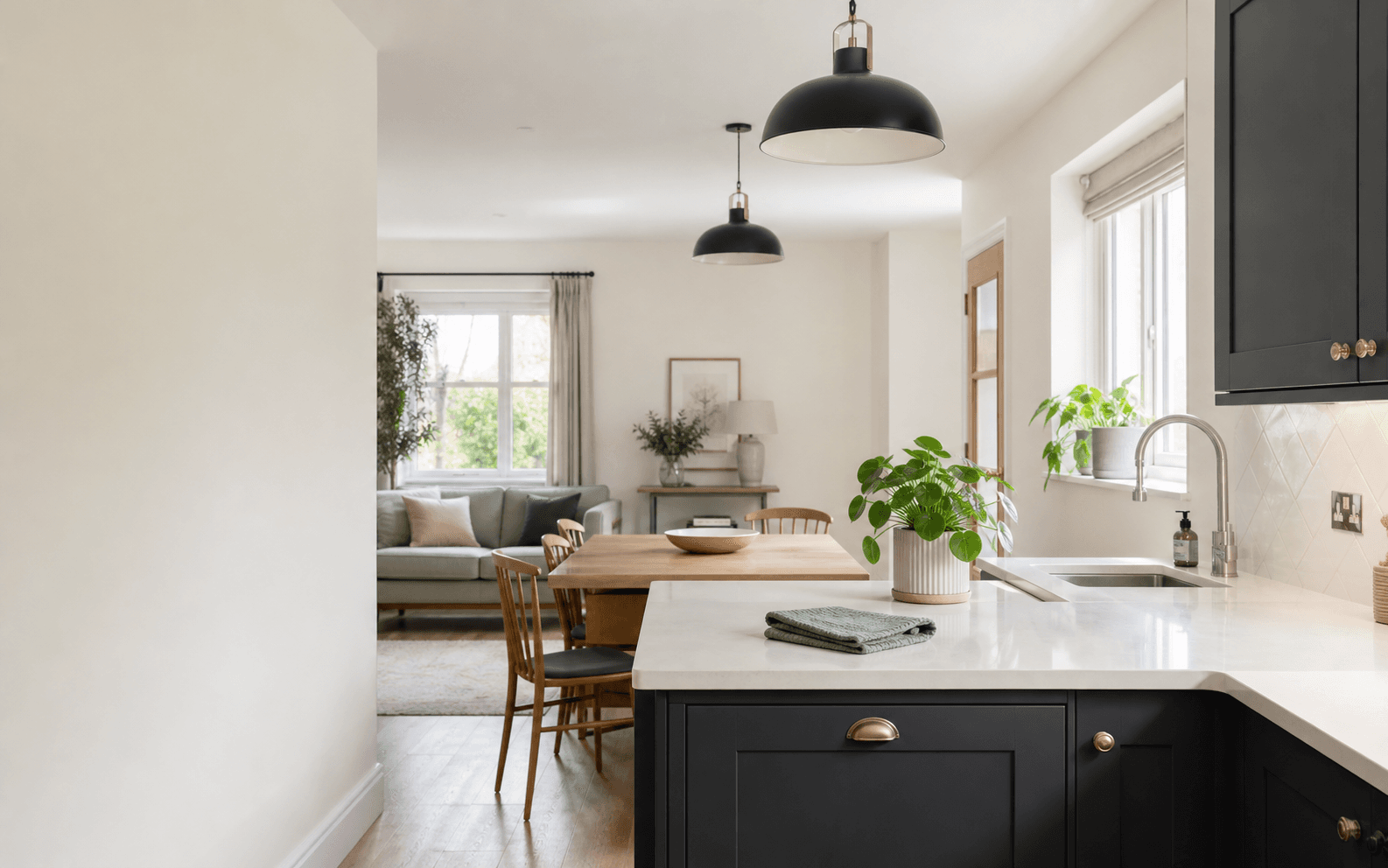 A bright, freshly cleaned open-plan kitchen and living space